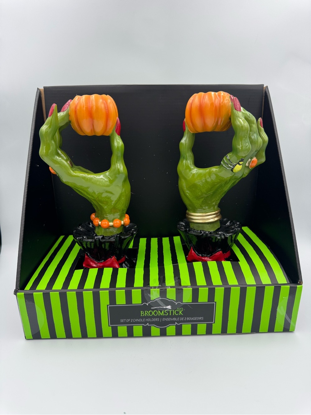 Broomstick Blvd Witch Hand Pumpkin Candle Holders Set of 2 Halloween NEW